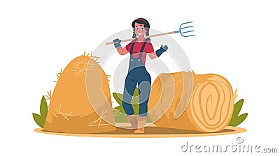 Woman with pitchfork near hayloft. Farmer prepares hay in autumn. Bio, eco food for domestic animal. Straw in haystack Vector Illustration