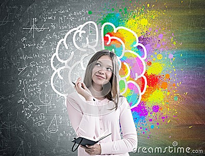 Woman with a planner, colorful brain sketch Stock Photo