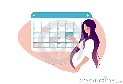 A woman is planning a medical appointment for pregnancy. The girl points to the date on the calendar. Pregnancy Calendar. Flat Cartoon Illustration