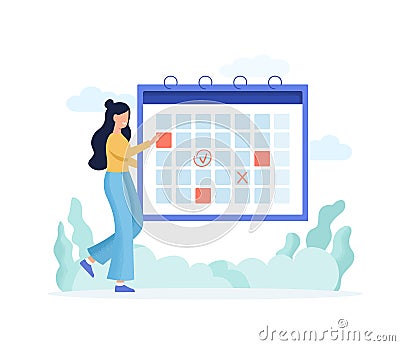 Woman Planning Schedule with Calendar. Circle Date on Huge Calendar. Business Plan. Time Management. Memo Reminder. Work Vector Illustration