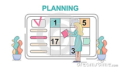 Woman Planning Weekly Meeting Schedule Task Board. Vector Illustration