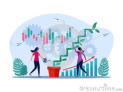 woman planted a ladder to prosper. Growth or personal development. investment concept Vector Illustration
