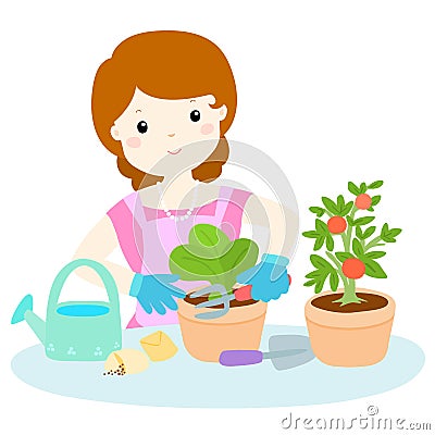 Woman planting healthy organic vegetable cartoon Vector Illustration