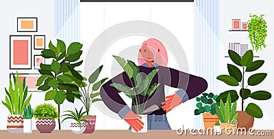 Woman planting houseplants in pot housewife caring of her plants portrait Vector Illustration