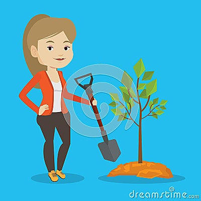 Woman plants tree vector illustration. Vector Illustration