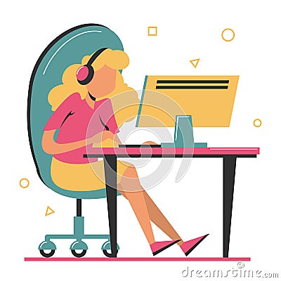 Woman play computer game sitting at the table vector isolated Stock Photo
