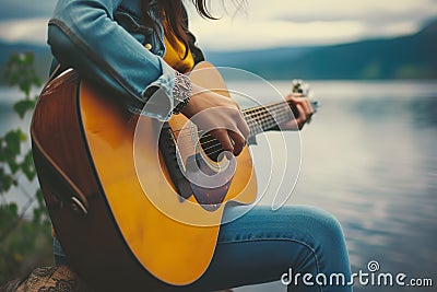 Woman playing acoustic guitar by lake, girl strumming guitar Stock Photo