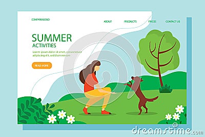 Woman playing with the dog in the Park. Conceptual illustration of outdoor recreation, active pastime. Cartoon Illustration