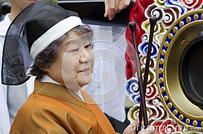Woman playing the drum at the Takayama festival, Japan Editorial Stock Photo