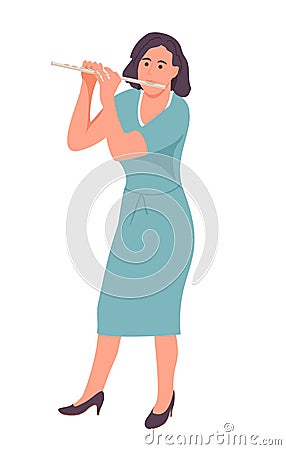 Woman playing the flute. Girl playing wind musical instrument. Woman with flute practicing or studying. Flutist lady Vector Illustration