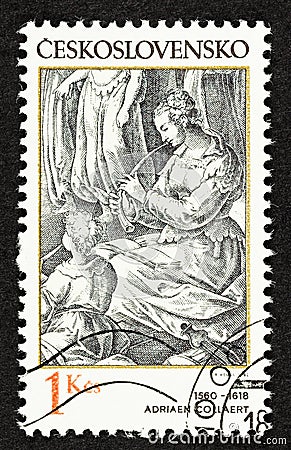Woman Playing Flute on Postage Stamp Editorial Stock Photo