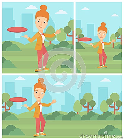 Woman playing flying disc vector illustration. Vector Illustration