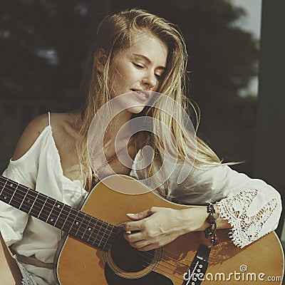 Woman Playing Guitar Music Beautiful Concept Stock Photo