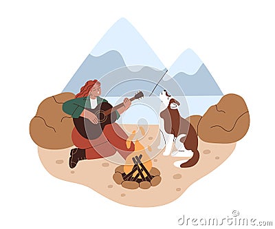 Woman playing guitar and singing song with dog howling by campfire outdoors. Person alone with nature, fire and music Vector Illustration