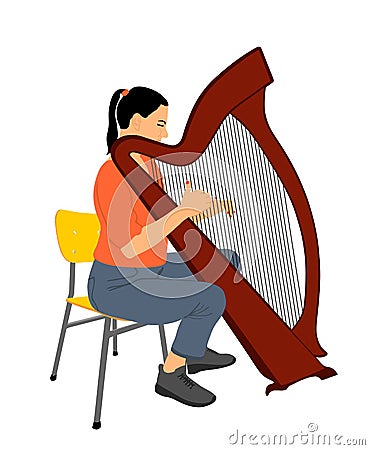 Woman playing harp vector illustration isolated. Music girl with string instrument siting on chair on concert event. Vector Illustration