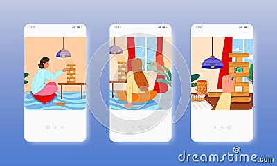 Woman playing jenga board game sitting on floor. Mobile app screens, vector website banner template. UI, web site design Vector Illustration