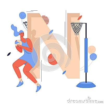 Woman playing netball with ball in hands. Concept illustration with goal point and large capital letter N. Cartoon character in Vector Illustration