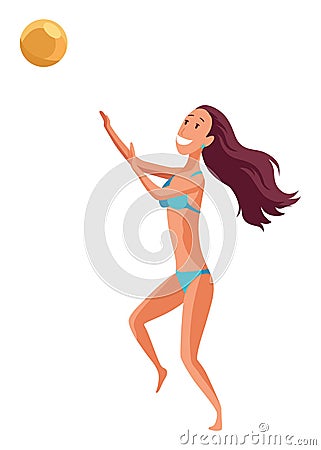 Woman playing summer beach volleyball set. Volley ball player in action during active sport game. Flat graphic vector Vector Illustration