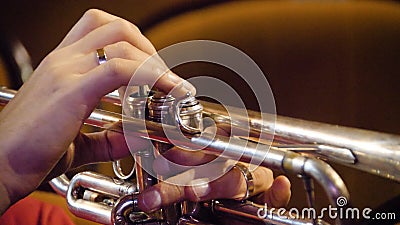 Woman playing trumpet. Trumpet player. Trumpeter playing music jazz instrument. Brass orchestra instrument. Woman plays Stock Photo