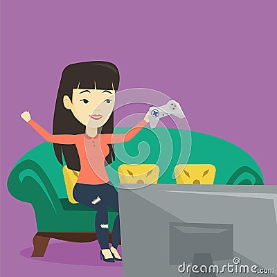 Woman playing video game vector illustration. Vector Illustration