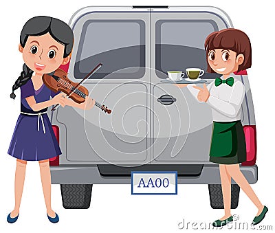 Woman playing violin and serving coffee Vector Illustration