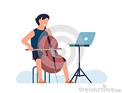 Woman plays cello. Online violoncello lessons. Distance coach. Player with musical instrument in front of laptop Vector Illustration