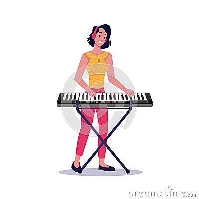 Woman plays digital piano, pianist and synthesizer Vector Illustration