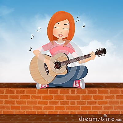 Woman plays guitar sitting on the wall Stock Photo