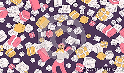 Woman with plenty of bags, boxes and presents falling from the sky. Vector happy character on dark background Stock Photo