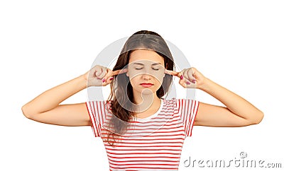 Woman plugging ears with fingers and closing eyes tight, irritated with loud annoying noise. emotional girl isolated on white back Stock Photo