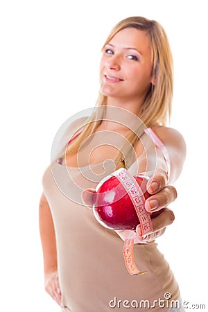 Woman plus size large girl with apple measuring tape- weight loss. Isolated. Stock Photo