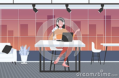 Woman podcaster in headphones talking to microphone recording podcast in studio podcasting online radio concept full Vector Illustration