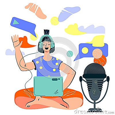 Woman podcaster talking to microphone recording or leading podcast. Vector Illustration