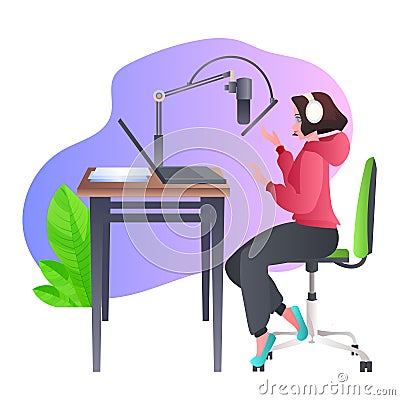 woman podcaster talking to microphone recording podcast in studio podcasting online radio concept Vector Illustration