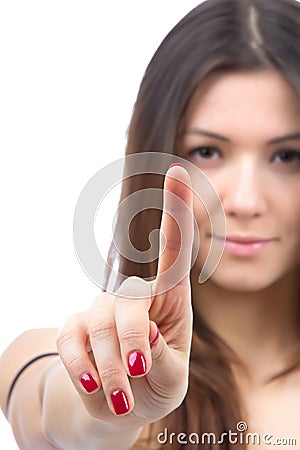 Woman point finger push button or touch screen Stock Photo