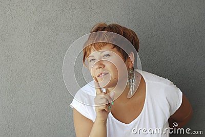 Woman point her finger Stock Photo