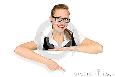 Woman pointing at a blank board Stock Photo
