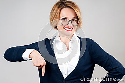 Woman is pointing at a subscription button Stock Photo