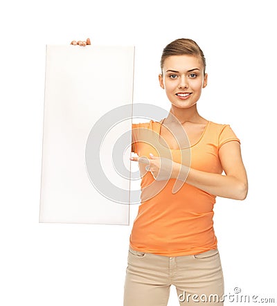 Woman pointing at white blank board Stock Photo