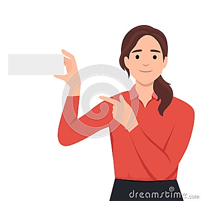 Woman points blank paper for placeholder Vector Illustration