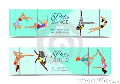 Woman pole dancing studio banner sexy female vector illustration. Professional sensuality human strong performance Vector Illustration