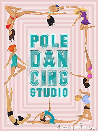 Woman pole dancing studio poster sexy female vector illustration. Professional sensuality human strong performance Vector Illustration