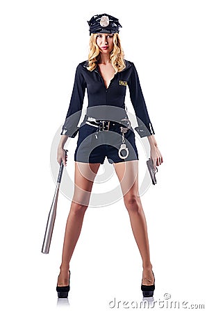 Woman police with bat Stock Photo