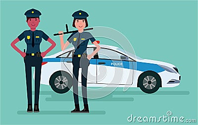 Woman police officers. Guardians of order. Vector flat cartoon design illustration isolated on white background. Vector Illustration