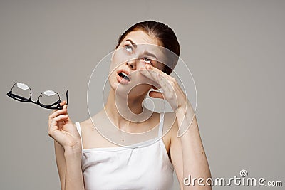 woman with poor eyesight health problems astigmatism myopia Stock Photo