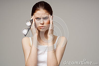 woman poor eyesight health problems negative isolated background Stock Photo