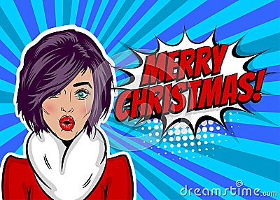 Woman pop art greeting Christmas Vector Illustration