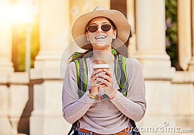 Woman portrait, backpack or coffee cup in travel, sightseeing or city adventure and takeaway drink, tea or beverage Stock Photo