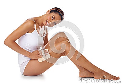 Woman, portrait and exfoliate legs with white background, beauty and aesthetic wellness. Body care, exfoliation and Stock Photo