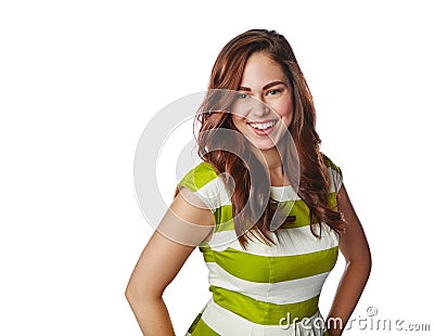 Woman, portrait or fashion clothes on isolated white background in trendy, cool or stylish brand marketing. Smile, happy Stock Photo